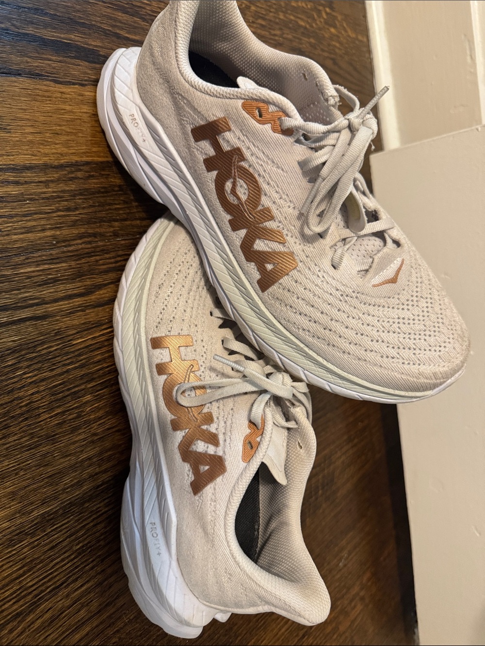 Hoka Beige Knit Running Shoes with Copper Logo Accents